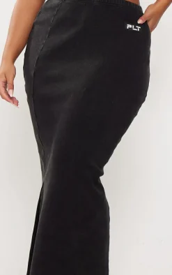 Clearance PrettyLittleThing Shape Heavy Rib Badge Lettuce Hem Maxi Skirt Black