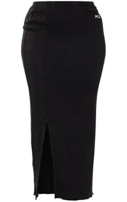 Clearance PrettyLittleThing Shape Heavy Rib Badge Lettuce Hem Maxi Skirt Black