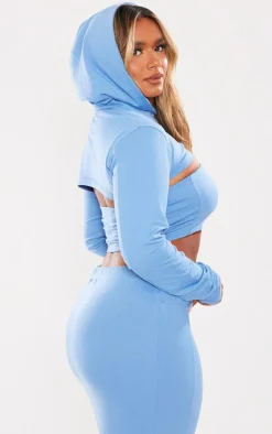 New PrettyLittleThing Shape Soft Cotton Extreme Cropped Hoodie Blue
