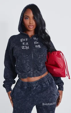 Outlet PrettyLittleThing Shape Printed Zip Through Washed Hoodie Charcoal Grey