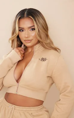 Best PrettyLittleThing Shape Embroidered Cropped Zip Sweat Camel