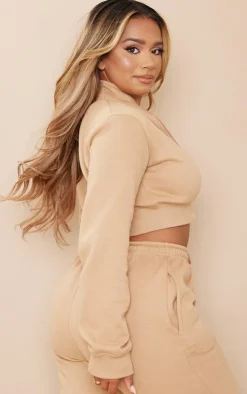 Best PrettyLittleThing Shape Embroidered Cropped Zip Sweat Camel