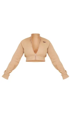 Best PrettyLittleThing Shape Embroidered Cropped Zip Sweat Camel