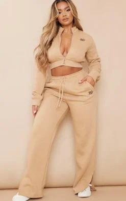 Online PrettyLittleThing Shape Embroidered High Waist Straight Leg Sweatpants Camel