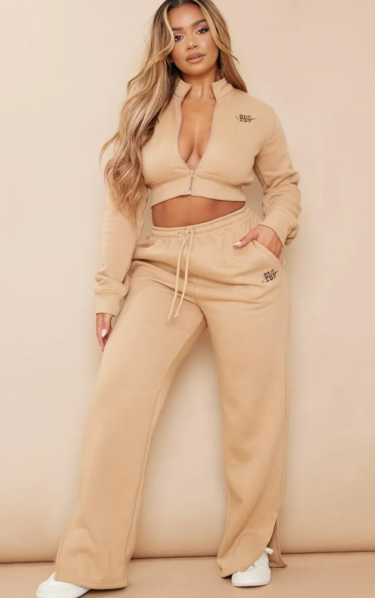 Online PrettyLittleThing Shape Embroidered High Waist Straight Leg Sweatpants Camel