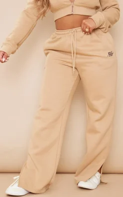 Online PrettyLittleThing Shape Embroidered High Waist Straight Leg Sweatpants Camel