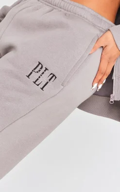 Hot PrettyLittleThing Shape Embroidered Ruched Leg Sweatpants Charcoal