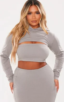 Clearance PrettyLittleThing Shape Soft Cotton Extreme Cropped Hoodie Charcoal