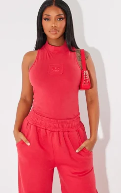 PrettyLittleThing Shape Cotton High Neck Sleeveless Bodysuit Cherry Red
