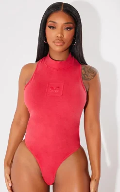 PrettyLittleThing Shape Cotton High Neck Sleeveless Bodysuit Cherry Red