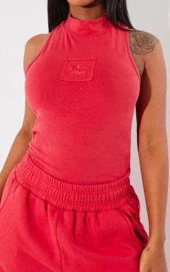 PrettyLittleThing Shape Cotton High Neck Sleeveless Bodysuit Cherry Red