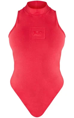 PrettyLittleThing Shape Cotton High Neck Sleeveless Bodysuit Cherry Red