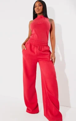 Online PrettyLittleThing Shape Sweat High Waist Wide Leg Sweatpants Cherry Red