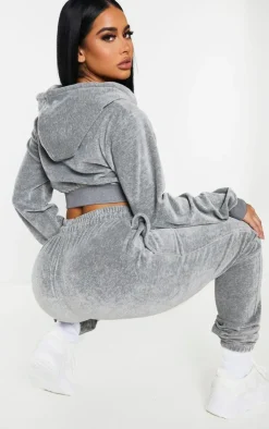 Hot PrettyLittleThing Shape Velour Diamante Skinny Sweatpants Grey
