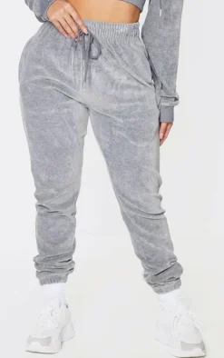 Hot PrettyLittleThing Shape Velour Diamante Skinny Sweatpants Grey