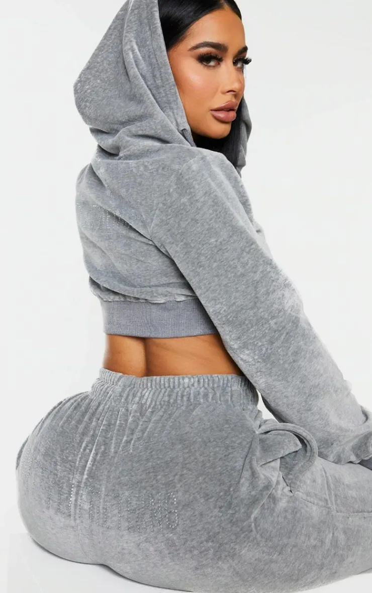 Hot PrettyLittleThing Shape Velour Diamante Skinny Sweatpants Grey