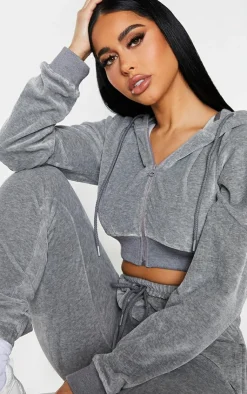 Sale PrettyLittleThing Shape Velour Diamante Extreme Crop Sweatshirt Grey