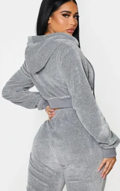 Sale PrettyLittleThing Shape Velour Diamante Extreme Crop Sweatshirt Grey
