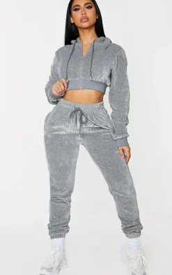 Sale PrettyLittleThing Shape Velour Diamante Extreme Crop Sweatshirt Grey