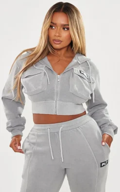 Best PrettyLittleThing Shape Washed Cargo Cropped Hoodie Grey Marl