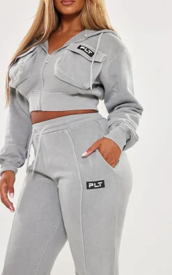 Best PrettyLittleThing Shape Washed Cargo Cropped Hoodie Grey Marl