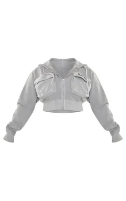 Best PrettyLittleThing Shape Washed Cargo Cropped Hoodie Grey Marl