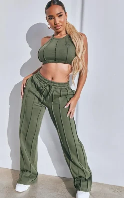 Discount PrettyLittleThing Shape Wide Leg Seam Detail Sweatpants Khaki