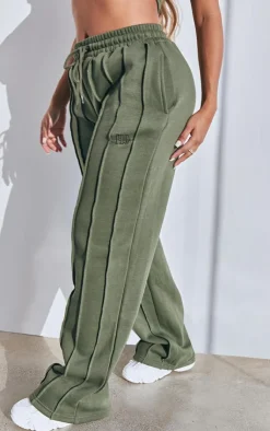 Discount PrettyLittleThing Shape Wide Leg Seam Detail Sweatpants Khaki