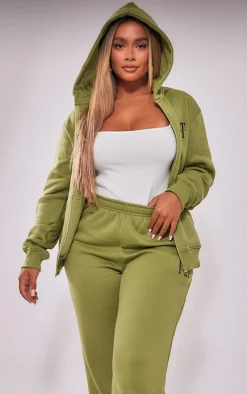 PrettyLittleThing Shape Embroidered Zip Through Hoodie Khaki