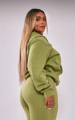 PrettyLittleThing Shape Embroidered Zip Through Hoodie Khaki