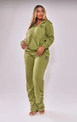 PrettyLittleThing Shape Embroidered Zip Through Hoodie Khaki