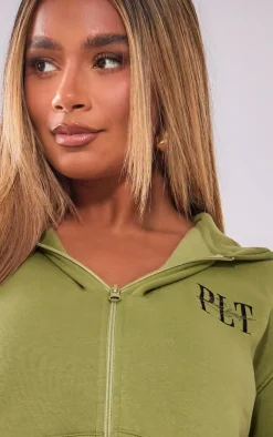 PrettyLittleThing Shape Embroidered Zip Through Hoodie Khaki