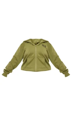 PrettyLittleThing Shape Embroidered Zip Through Hoodie Khaki