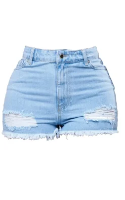 PRETTYLITTLETHING Shape Light Blue Wash Ripped Hem Denim Shorts