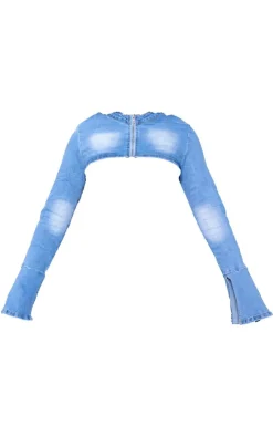 Discount PrettyLittleThing Shape Badge Denim Cropped Jacket Light Blue