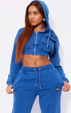 PrettyLittleThing Blue Sweatsuits*Shape Washed Cargo Cropped Hoodie
