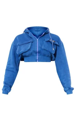 PrettyLittleThing Blue Sweatsuits*Shape Washed Cargo Cropped Hoodie