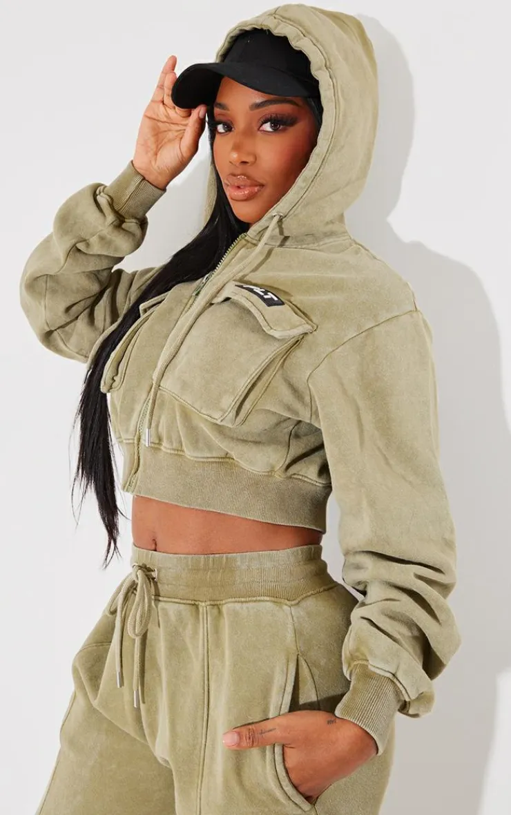 Online PrettyLittleThing Shape Washed Cargo Cropped Hoodie Olive
