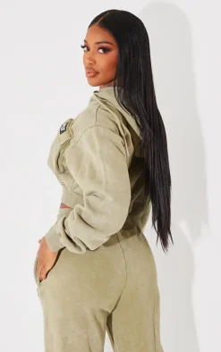Online PrettyLittleThing Shape Washed Cargo Cropped Hoodie Olive