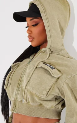 Online PrettyLittleThing Shape Washed Cargo Cropped Hoodie Olive