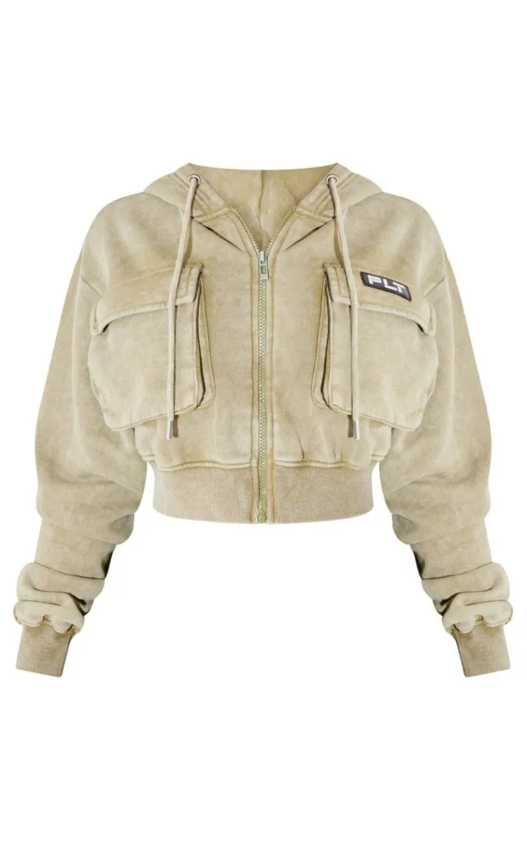 Online PrettyLittleThing Shape Washed Cargo Cropped Hoodie Olive