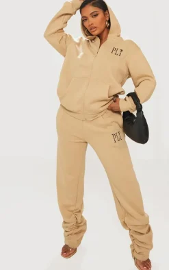 PRETTYLITTLETHING Shape Oatmeal Embroidered Zip Through Hoodie