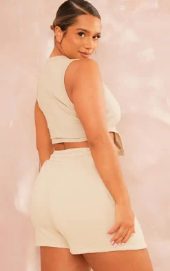 Online PrettyLittleThing Shape Embroidered Crop Top Stone