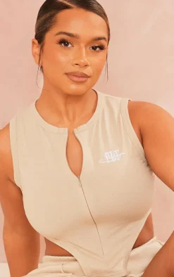 Online PrettyLittleThing Shape Embroidered Crop Top Stone