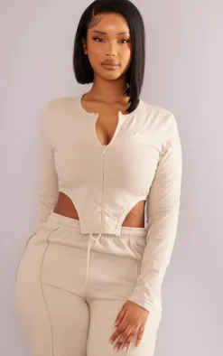 Outlet PrettyLittleThing Shape Cotton Zip Cropped Top Stone