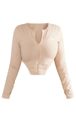 Outlet PrettyLittleThing Shape Cotton Zip Cropped Top Stone