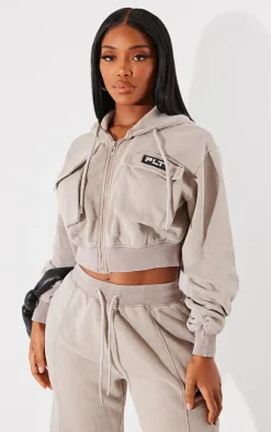 Best PrettyLittleThing Shape Washed Cargo Cropped Hoodie Taupe