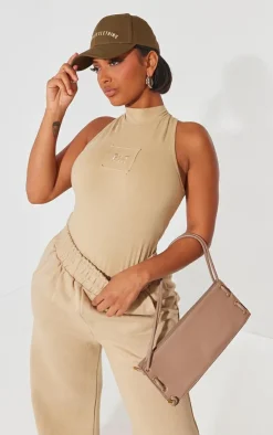 Outlet PrettyLittleThing Shape Cotton High Neck Sleeveless Bodysuit Taupe