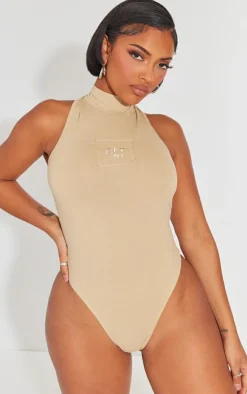 Outlet PrettyLittleThing Shape Cotton High Neck Sleeveless Bodysuit Taupe