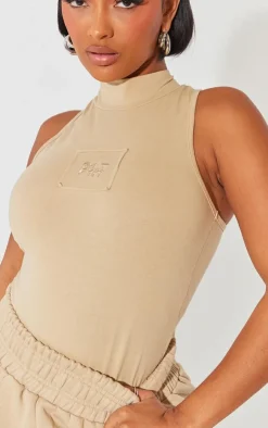 Outlet PrettyLittleThing Shape Cotton High Neck Sleeveless Bodysuit Taupe